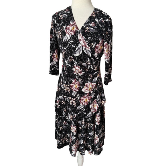 Bobbie Bee Women's L Whimsigoth Floral Polka Dot Shirred Waist Ruffle Midi Dress - Picture 1 of 8